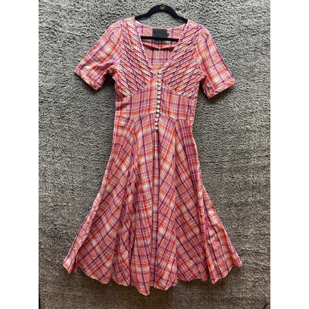 No. 6 Paola V-Neck Short Sleeve Circle Midi Dress Red Purple Plaid Women Size‎ 2